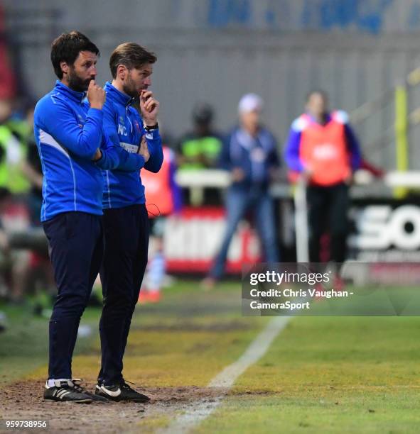 Lincoln City manager Danny Cowley, left, and Lincoln City's assistant manager Nicky Cowley during the Sky Bet League Two Play Off Semi Final:Second...