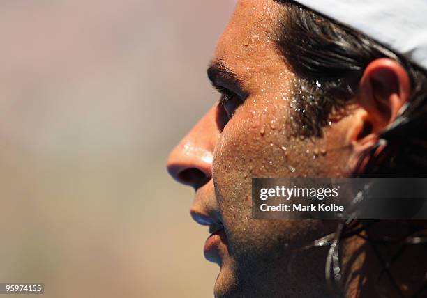 Albert Montanes of Spain looks on between games in his third round match against Roger Federer of Switzerland during day six of the 2010 Australian...