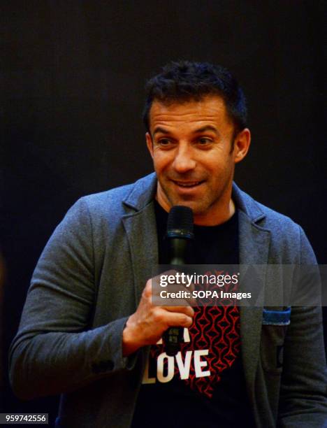 Former Italian football player Alessandro Del Piero gives a speech to young football players in Medan. Del Piero visited Medan to promote football...