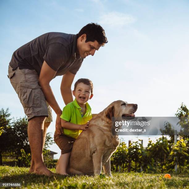 happy boy and father with dog - dexters stock pictures, royalty-free photos & images