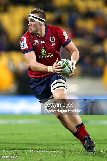 Izack Rodda of the Reds in action during the round 14 Super Rugby match between the Hurricanes and the Reds at Westpac Stadium on May 18, 2018 in...