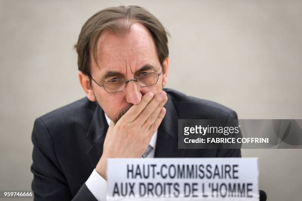 United Nations High Commissioner for Human Rights, Zeid Ra'ad Al Hussein, gestures during a special session of the UN Human Rights Council to discuss...