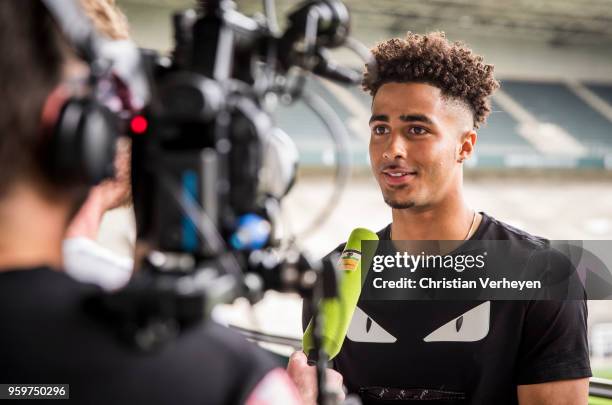 Keanan Bennetts talks to the Club TV "FohlenTV" after he signs a new contract for Borussia Moenchengladbach at Borussia-Park on May 18, 2018 in...