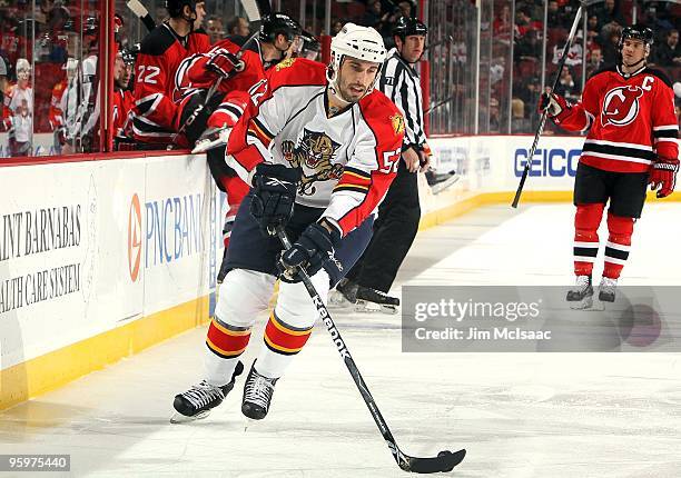 Jason Garrison of the Florida Panthers skates against the New Jersey Devils at the Prudential Center on January 20, 2010 in Newark, New Jersey. The...