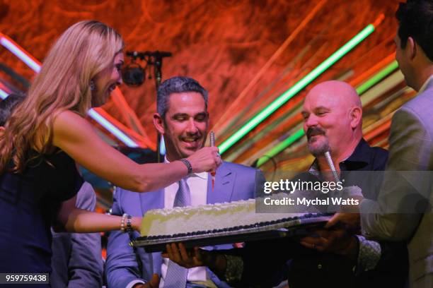 Yankees Pitcher David Wells Celebrates his Birthday on Stage with his Wife Nina Wells and Jorge Pasada at Sony Hall on May 17, 2018 in New York City.
