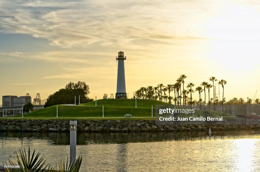Long Beach, California, iconic lighthouse at sunset