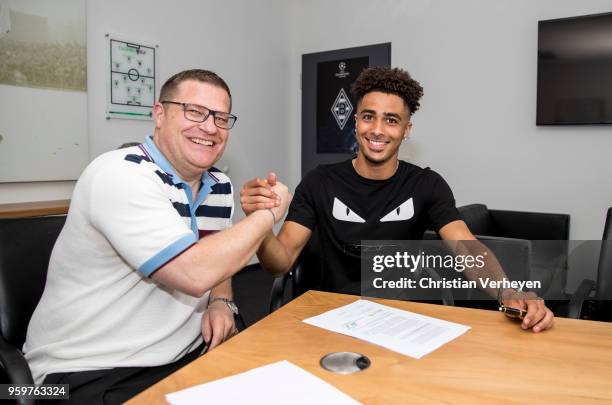 Director of Sport Max Eberl of Borussia Moenchengladbach with Keanan Bennetts after he signed a new contract for Borussia Moenchengladbach at...