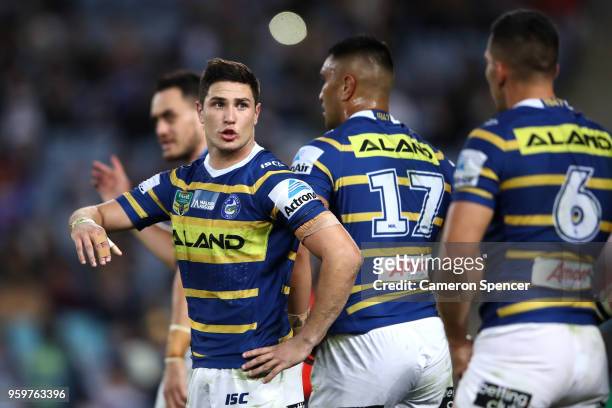 Mitchell Moses of the Eels looks on during the round 11 Parramatta Eels and the New Zealand Warriors at ANZ Stadium on May 18, 2018 in Sydney,...