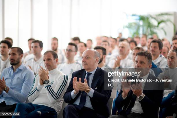 Massimiliano Allegri, Giuseppe Marotta and Federico Cherubini attend the Juventus Seminar '5 Corso Di Aggiornamento E Formazione Tecnici 2017-18' at...