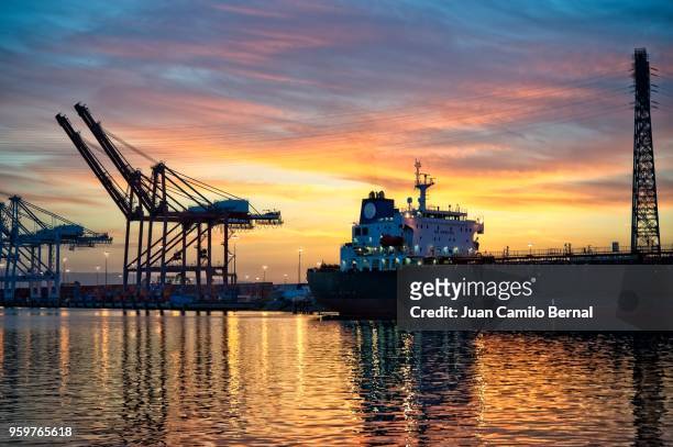 sunset at the port of long beach, with cargo cranes in the back. - port of long beach stock pictures, royalty-free photos & images