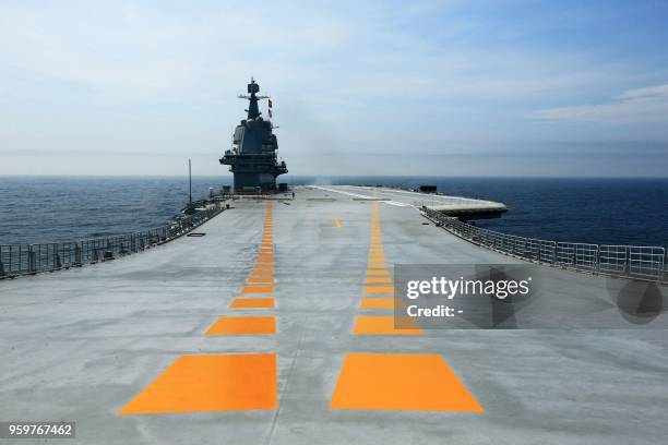 This undated photo released on May 18, 2018 shows China's first domestically manufactured aircraft carrier, known as "Type 001A", during its first...