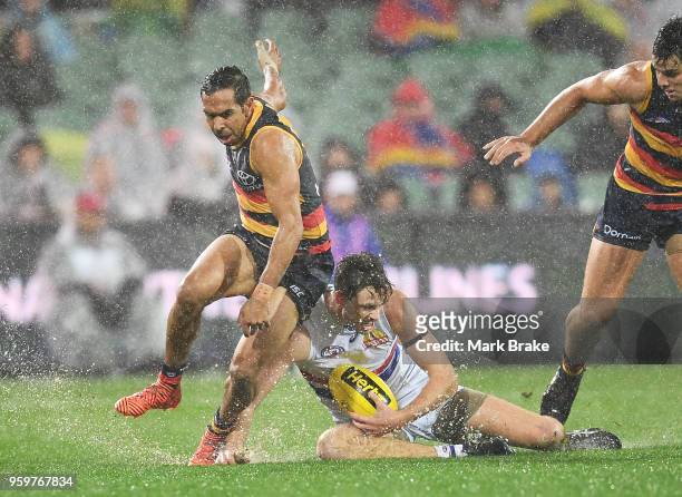 Eddie Betts of the Adelaide Crows and Zaine Cordy of the Bulldogs during the round nine AFL match between the Adelaide Crows and the Western Bulldogs...