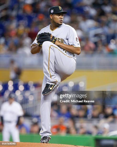 Ivan Nova of the Pittsburgh Pirates delivers a pitch in the first inning against the Miami Marlins at Marlins Park on April 15, 2018 in Miami,...