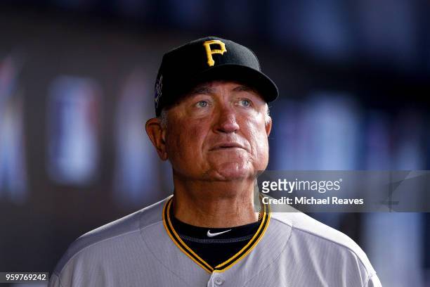 Clint Hurdle of the Pittsburgh Pirates looks on in the dugout against the Miami Marlins at Marlins Park on April 15, 2018 in Miami, Florida.