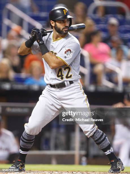 Sean Rodriguez of the Pittsburgh Pirates in action against the Miami Marlins at Marlins Park on April 15, 2018 in Miami, Florida.