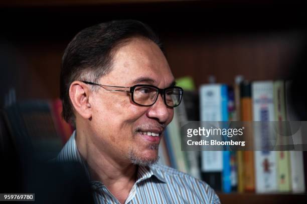 Anwar Ibrahim, founder of the People's Justice Party, speaks during a Bloomberg Television interview in Kuala Lumpur, Malaysia, on Friday, May 18,...