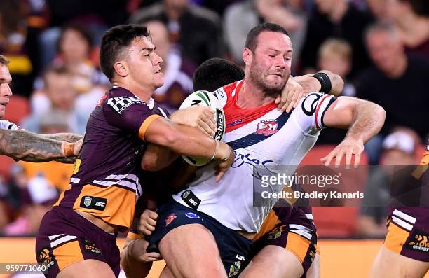 Boyd Cordner of the Roosters attempts to break away from the defence during the round 11 NRL match between the Brisbane Broncos and the Sydney...