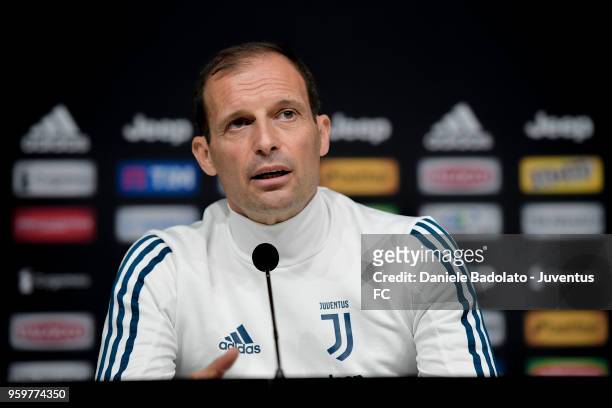 Massimiliano Allegri during a Juventus press conference at Juventus Center Vinovo on May 18, 2018 in Vinovo, Italy.