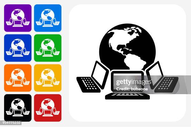 laptops and global network icon square button set - multiple computers connected stock illustrations