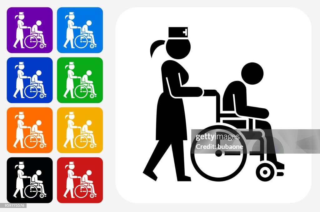 Patient on Wheelchair and Female Nurse Icon Square Button Set