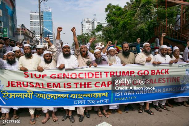 Bangladeshis protest against genocide and the opening of the US embassy in Jerusalem on May 18, 2018 in Dhaka, Bangladesh. Israeli forces killed more...