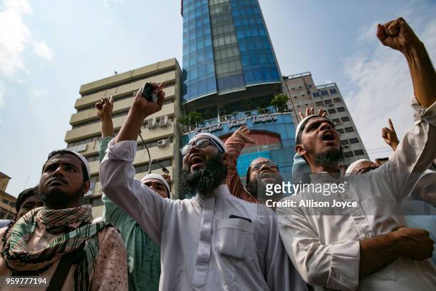 Bangladeshis protest against genocide and the opening of the US embassy in Jerusalem on May 18, 2018 in Dhaka, Bangladesh. Israeli forces killed more...