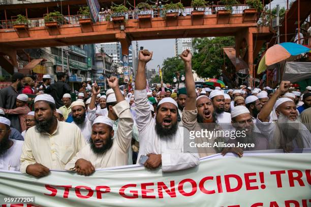 Bangladeshis protest against genocide and the opening of the US embassy in Jerusalem on May 18, 2018 in Dhaka, Bangladesh. Israeli forces killed more...