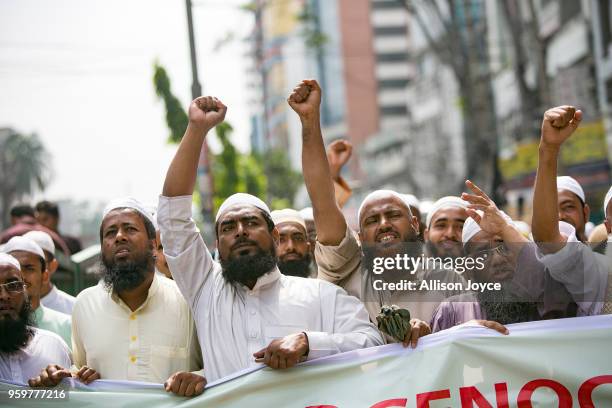 Bangladeshis protest against genocide and the opening of the US embassy in Jerusalem on May 18, 2018 in Dhaka, Bangladesh. Israeli forces killed more...