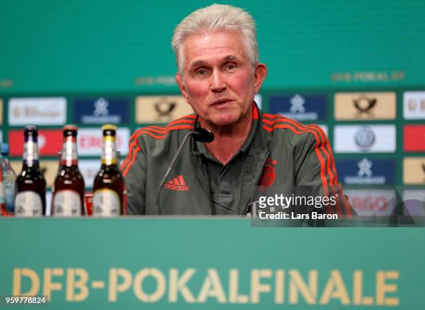 Head coach of Bayern Muenchen Josef Heynckes talks to the media during the DFB Cup Final 2018 press conference at Olympiastadion on May 18, 2018 in...