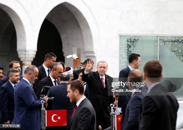 Turkish President Recep Tayyip Erdogan greets the crowd after performing Friday Prayer at Melike Hatun Mosque in Ankara, Turkey on May 18, 2018.
