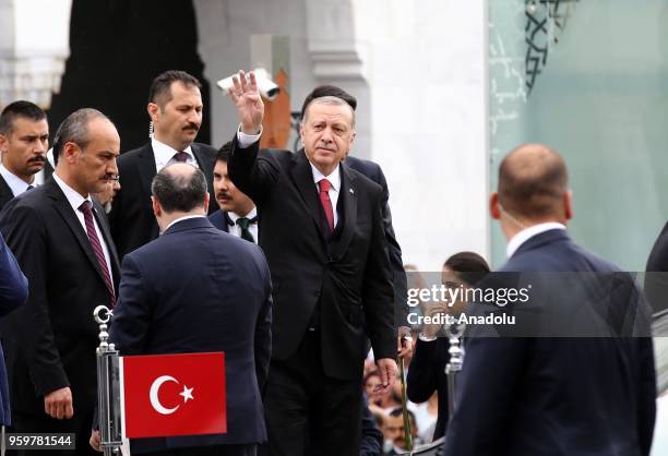 Turkish President Recep Tayyip Erdogan greets the crowd after performing Friday Prayer at Melike Hatun Mosque in Ankara, Turkey on May 18, 2018.