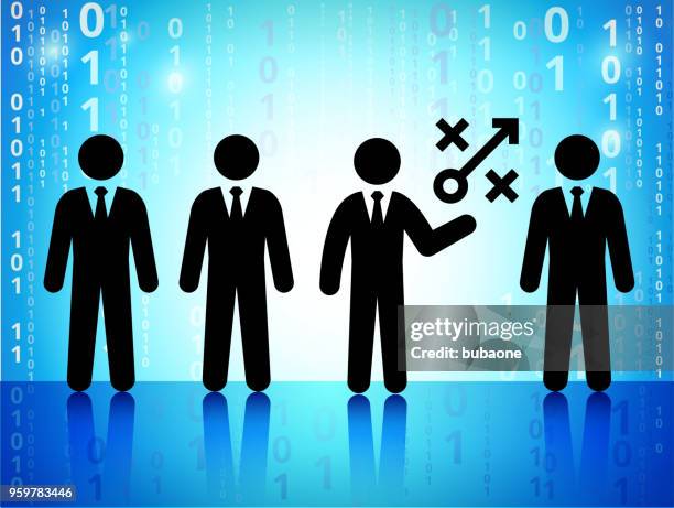 businessmen with plan on on binary code blue background - thinking reflecting stock illustrations