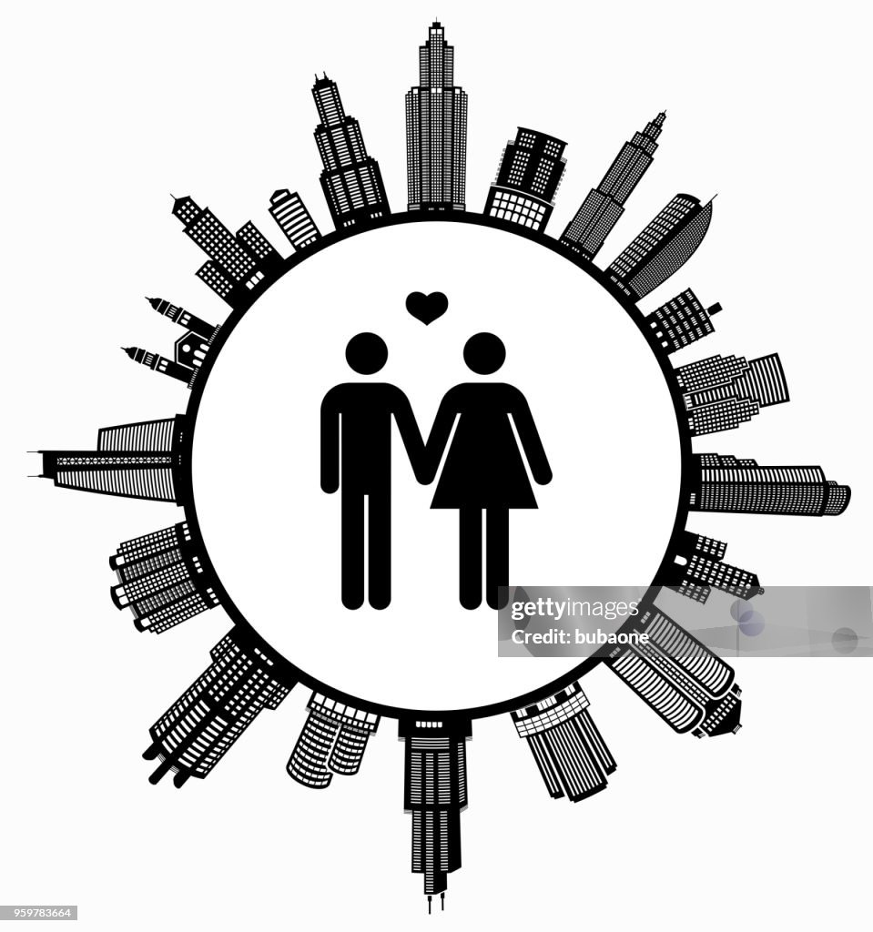 Couple In Love Holding Hands on Modern Cityscape Skyline Background