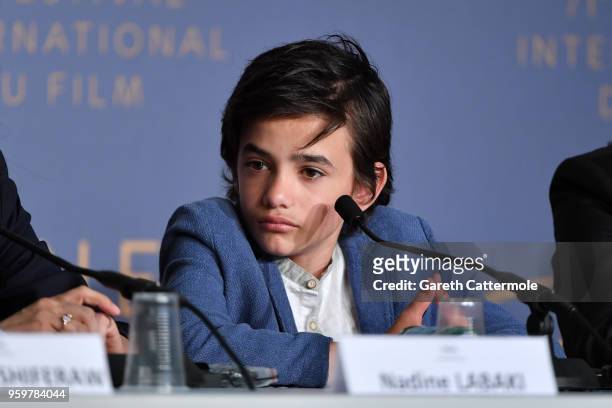 Zain Alrafeea attends the "Capharnaum" Press Conference during the 71st annual Cannes Film Festival at Palais des Festivals on May 18, 2018 in...