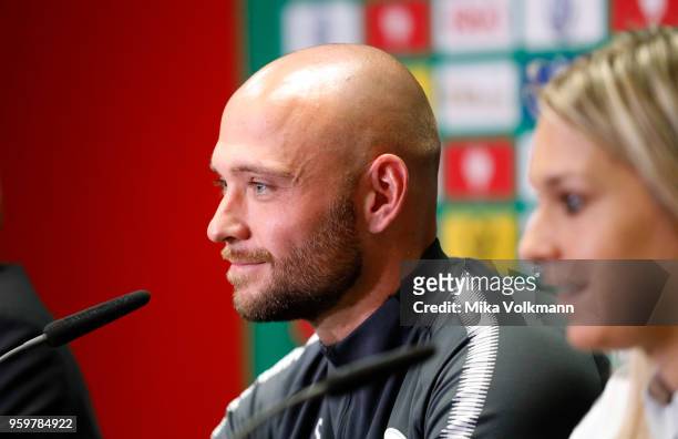 Head coach Stephan Lerch of VfL Wolfsburg listenung during the press conference at RheinEnergieStadion on May 18, 2018 in Cologne, Germany.