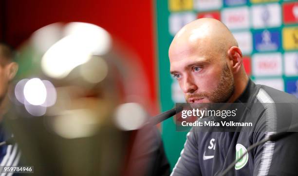 Head coach Stephan Lerch of VfL Wolfsburg talks during the press conference at RheinEnergieStadion on May 18, 2018 in Cologne, Germany.