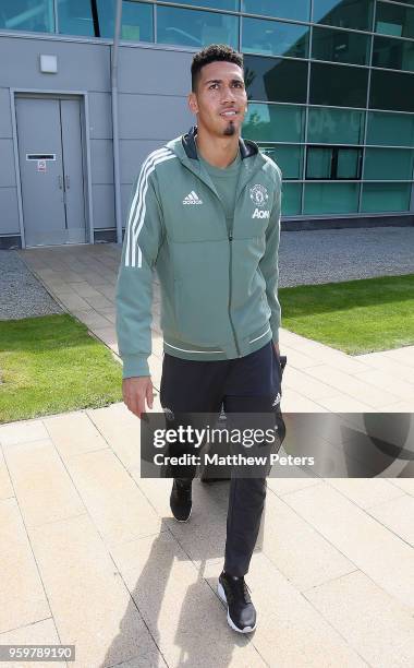 Chris Smalling of Manchester United leaves the Aon Training Complex ahead of travelling to London for the FA Cup Final on May 16, 2018 in Manchester,...