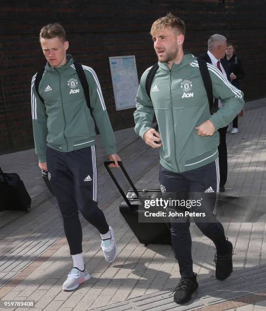 Scott McTominay and Luke Shaw of Manchester United wait at the train station ahead of travelling to London for the FA Cup Final on May 16, 2018 in...