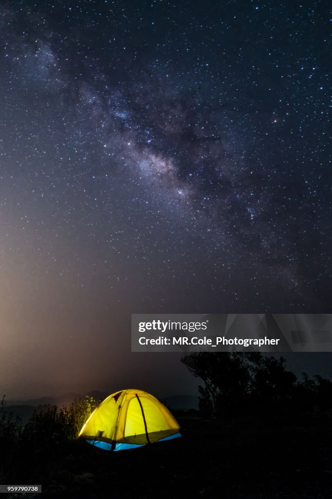 Night camping,the Milky Way over Camping tents