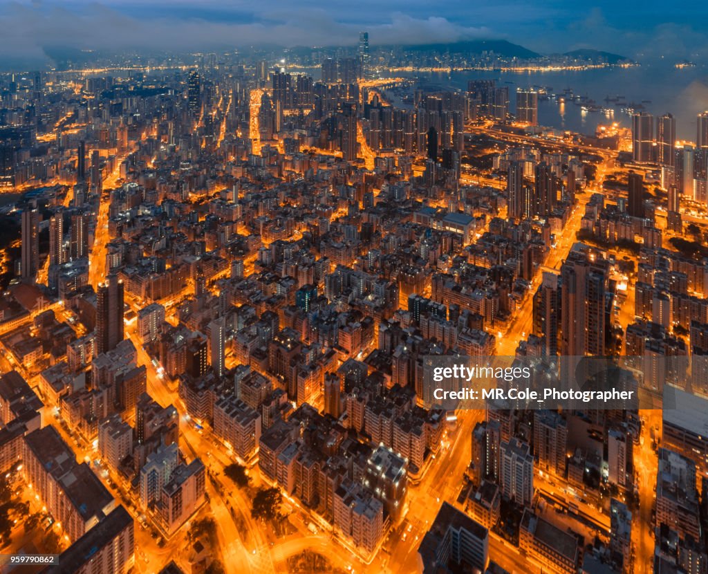 Aerial view of Hong Kong Island and Kowloon