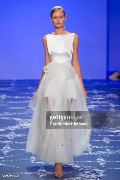 Model walks the runway during the Leo & Lin show at Mercedes-Benz Fashion Week Resort 19 Collections at Carriageworks on May 17, 2018 in Sydney,...