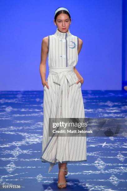 Model walks the runway during the Leo & Lin show at Mercedes-Benz Fashion Week Resort 19 Collections at Carriageworks on May 17, 2018 in Sydney,...