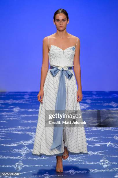 Model walks the runway during the Leo & Lin show at Mercedes-Benz Fashion Week Resort 19 Collections at Carriageworks on May 17, 2018 in Sydney,...