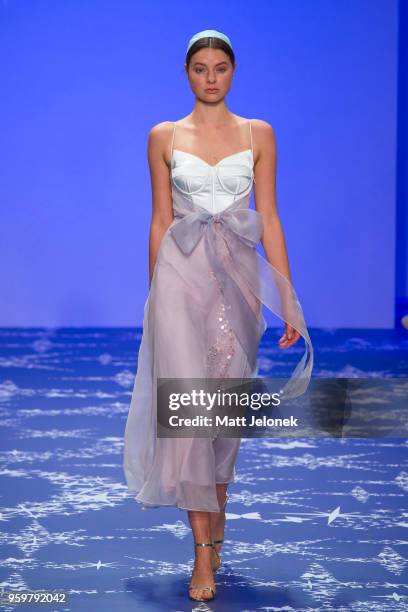 Model walks the runway during the Leo & Lin show at Mercedes-Benz Fashion Week Resort 19 Collections at Carriageworks on May 17, 2018 in Sydney,...