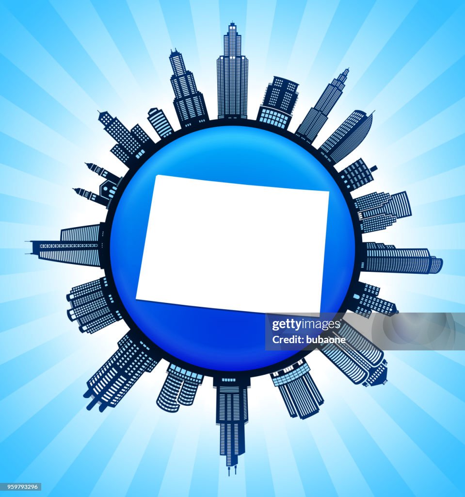 Wyoming State Map on Democratic Blue City Skyline Background