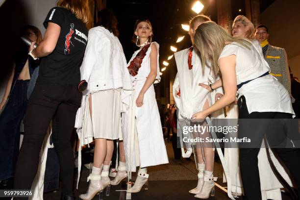 Model poses backstage ahead of the St.George NextGen show at Mercedes-Benz Fashion Week Resort 19 Collections at Carriageworks on May 16, 2018 in...