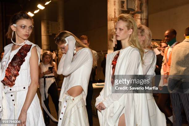 Model poses backstage ahead of the St.George NextGen show at Mercedes-Benz Fashion Week Resort 19 Collections at Carriageworks on May 16, 2018 in...