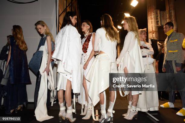 Model poses backstage ahead of the St.George NextGen show at Mercedes-Benz Fashion Week Resort 19 Collections at Carriageworks on May 16, 2018 in...