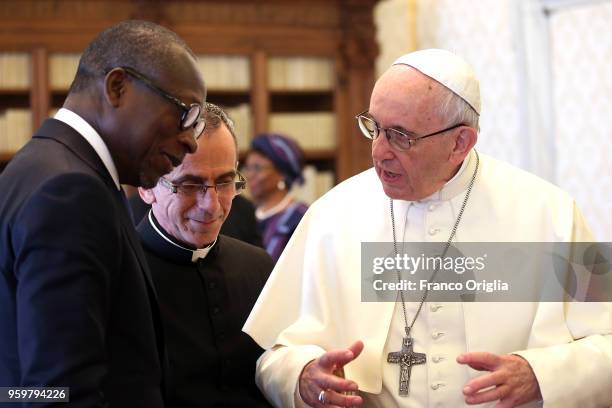 Pope Francis meets the President of Benin Patrice Talon during an audience at the Apostolic Palace on May 18, 2018 in Vatican City, Vatican.