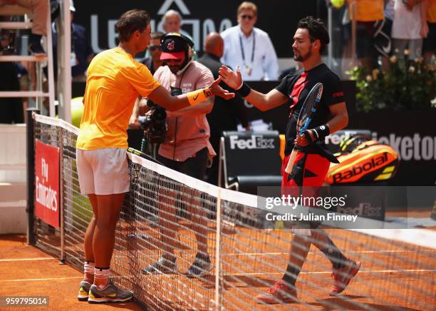 Rafael Nadal of Spain shakes hands after defeating Fabio Fognini of Italy his Quarter Final match during day six of The Internazionali BNL d'Italia...